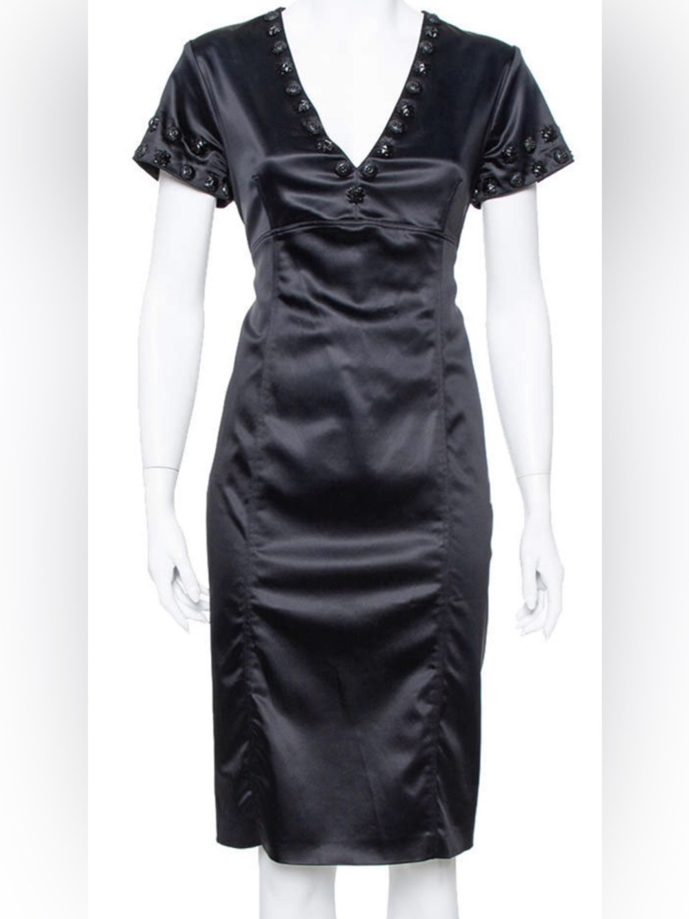 Burberry London Black Satin Dress with V-neck Embellished Collar & Sleeves